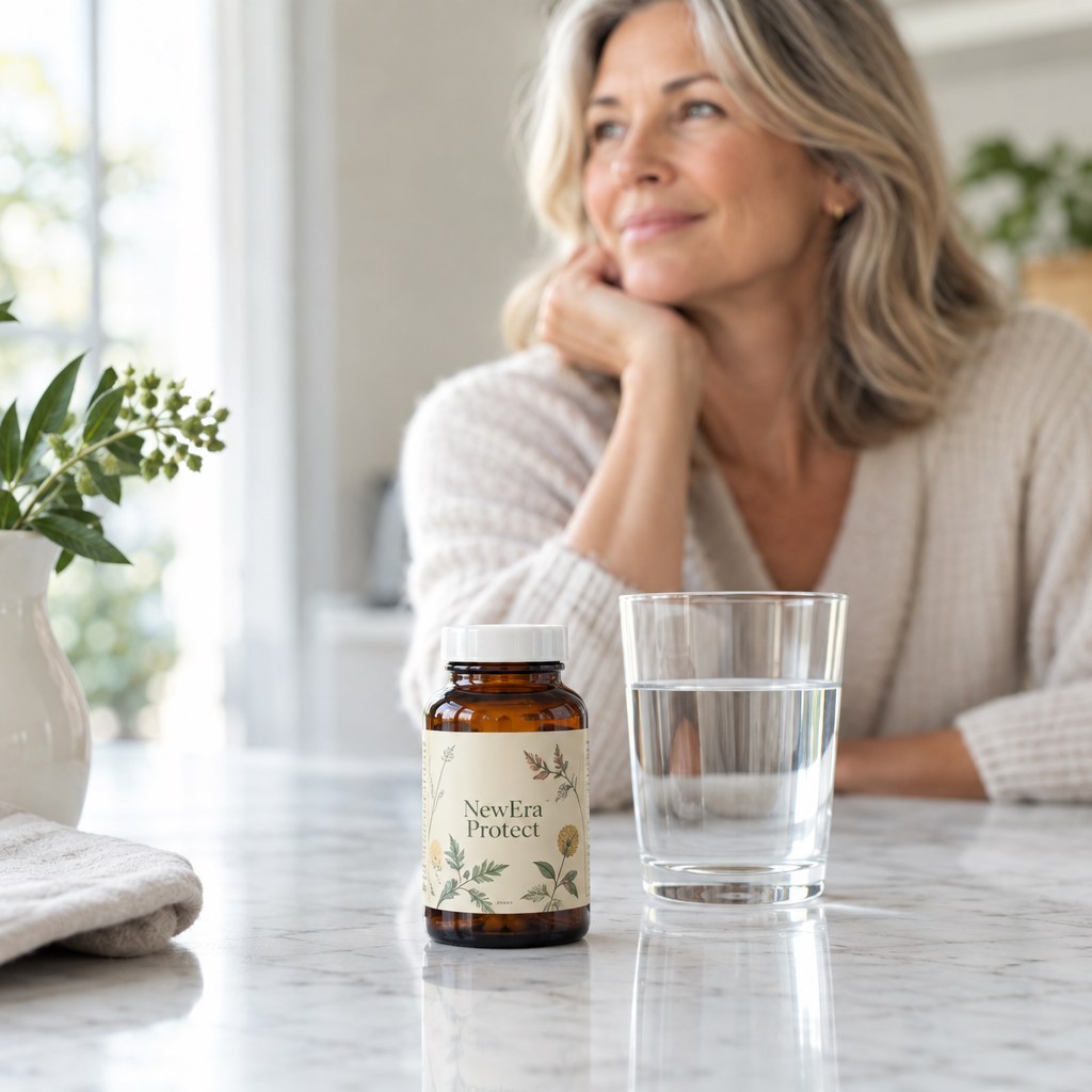 NewEra Protect supplement beside water as part of a bladder wellness routine after menopause