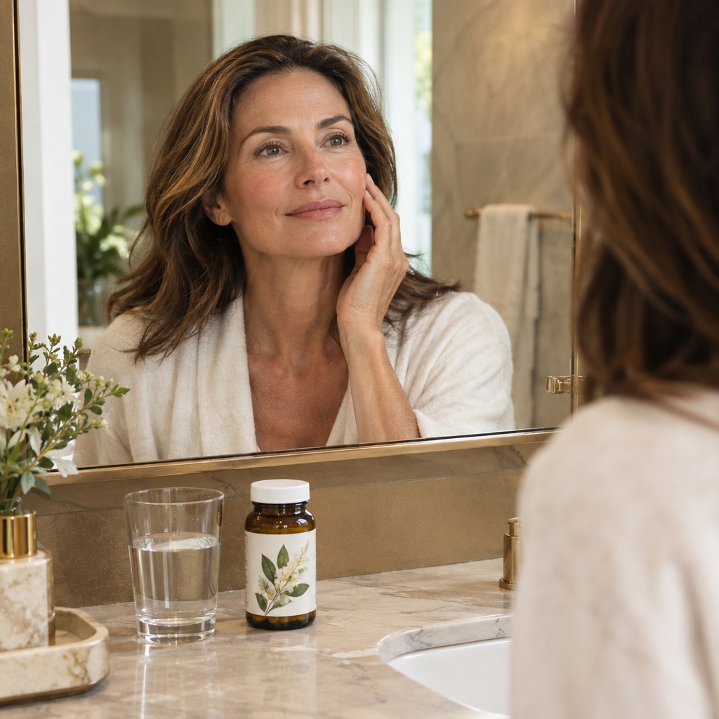 Woman following a calm nighttime bladder wellness routine